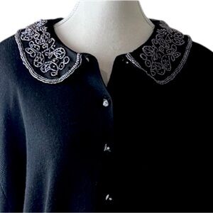 Jacque Koko Black Beaded Cardigan Vintage Hong Kong Knit Plus‎ 18 20 Officecore